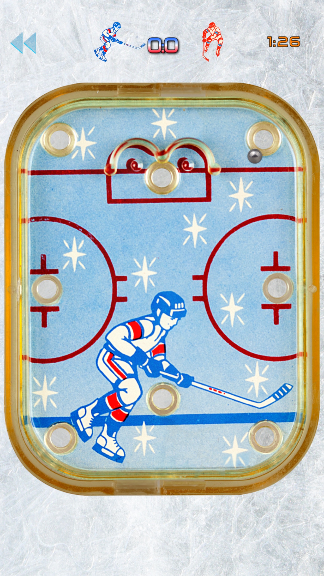 Hockey 1984 gameplay: a metal ball on a vintage blue hockey board with holes to avoid.